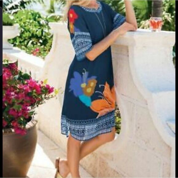 SOFT SURROUNDINGS Hibiscus Shift Dress XSP Blue Flower Sheer sz PM - Picture 1 of 4